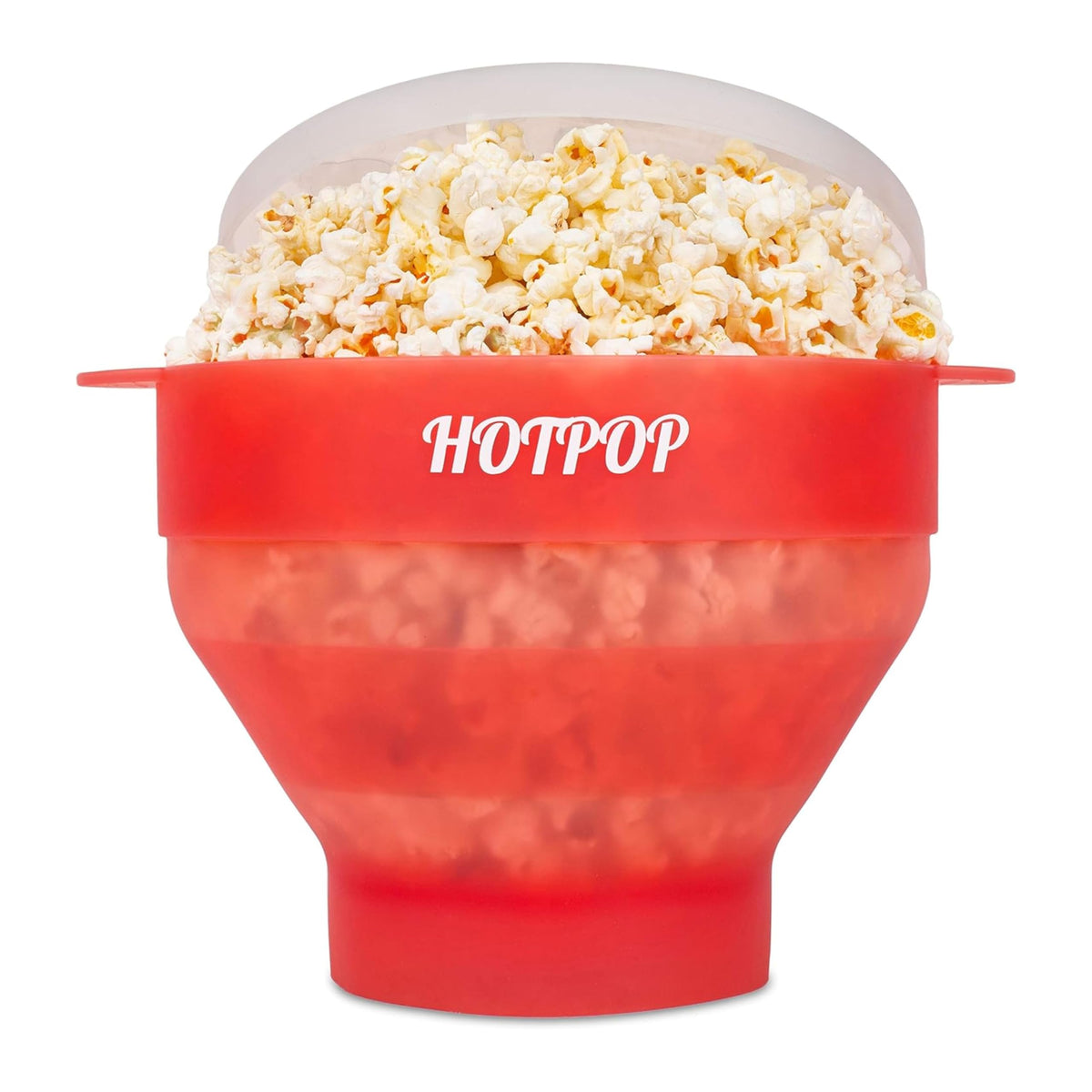 HOTPOP popcorn popper with lid and handles for safe microwave cooking.