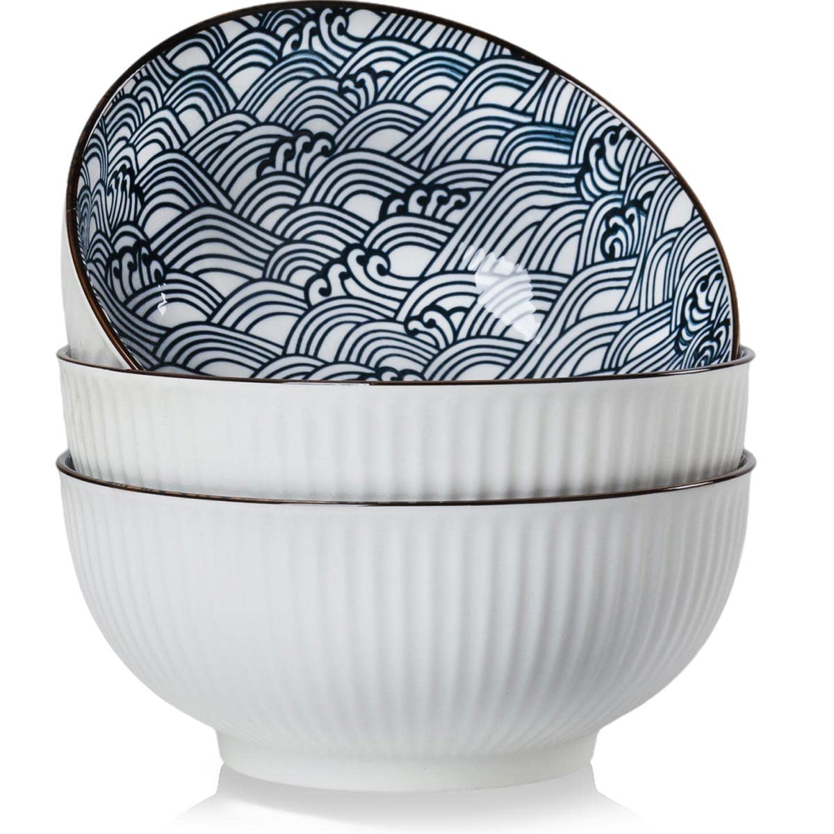 Houlu pho bowl, 8-inch wide with blue wave pattern, ideal for soups.