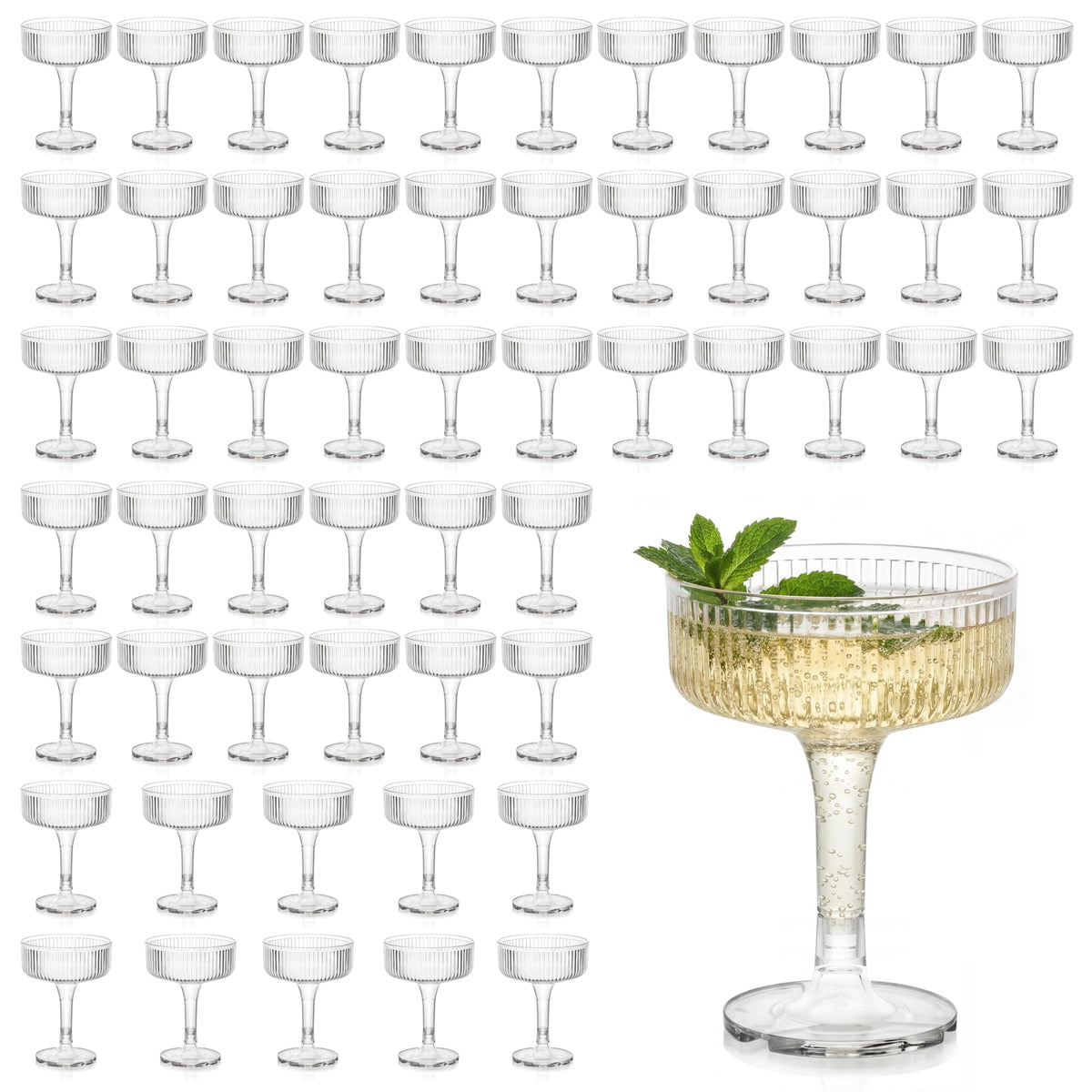 Houmury 56-pack 7oz plastic wine glasses on table top display for guests.