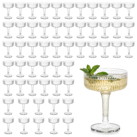 Houmury 56-pack 7oz plastic wine glasses on table top display for guests.
