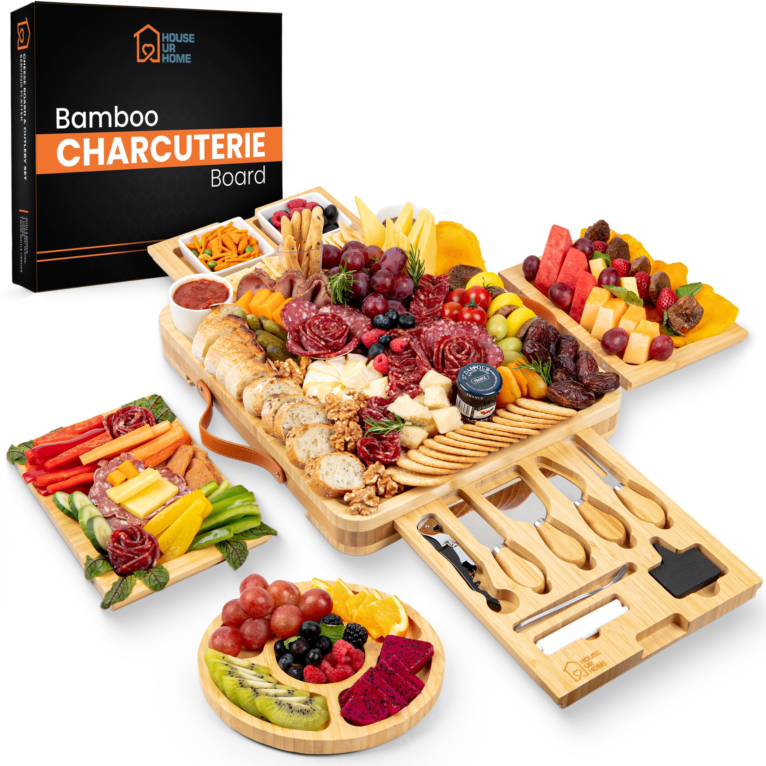 House Ur Home large bamboo charcuterie board with hidden drawers for organized knife storage.