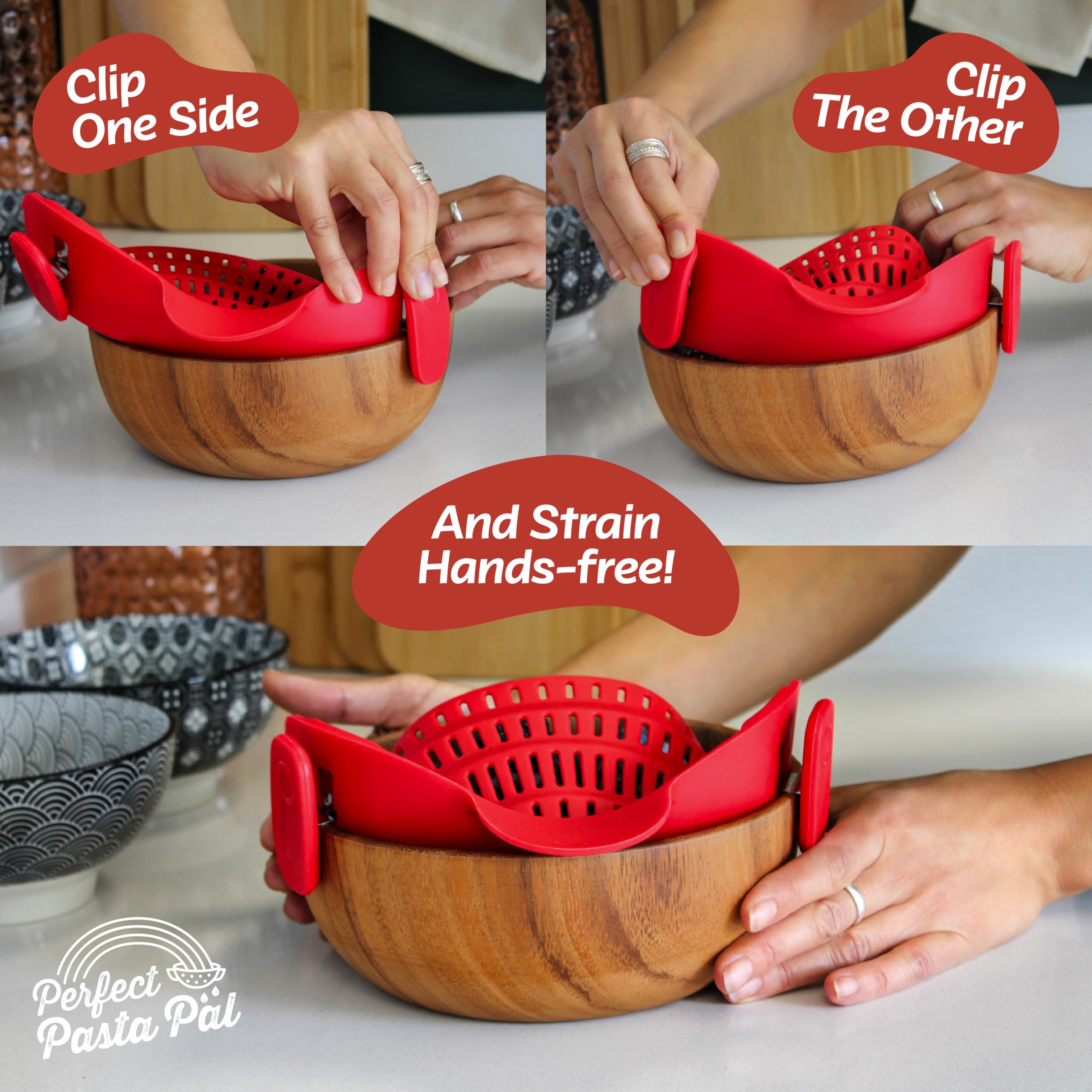 Houseify Perfect Pasta Pal universal clip fits many pots for clutter-free kitchen.
