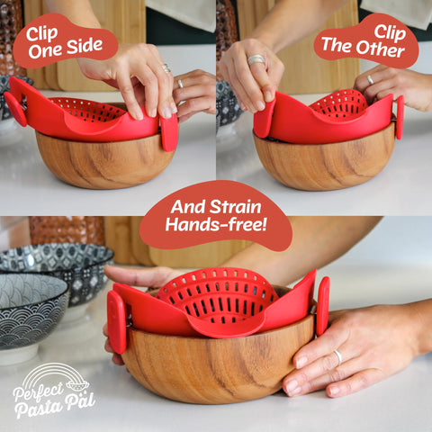 Houseify Perfect Pasta Pal universal clip fits many pots for clutter-free kitchen.