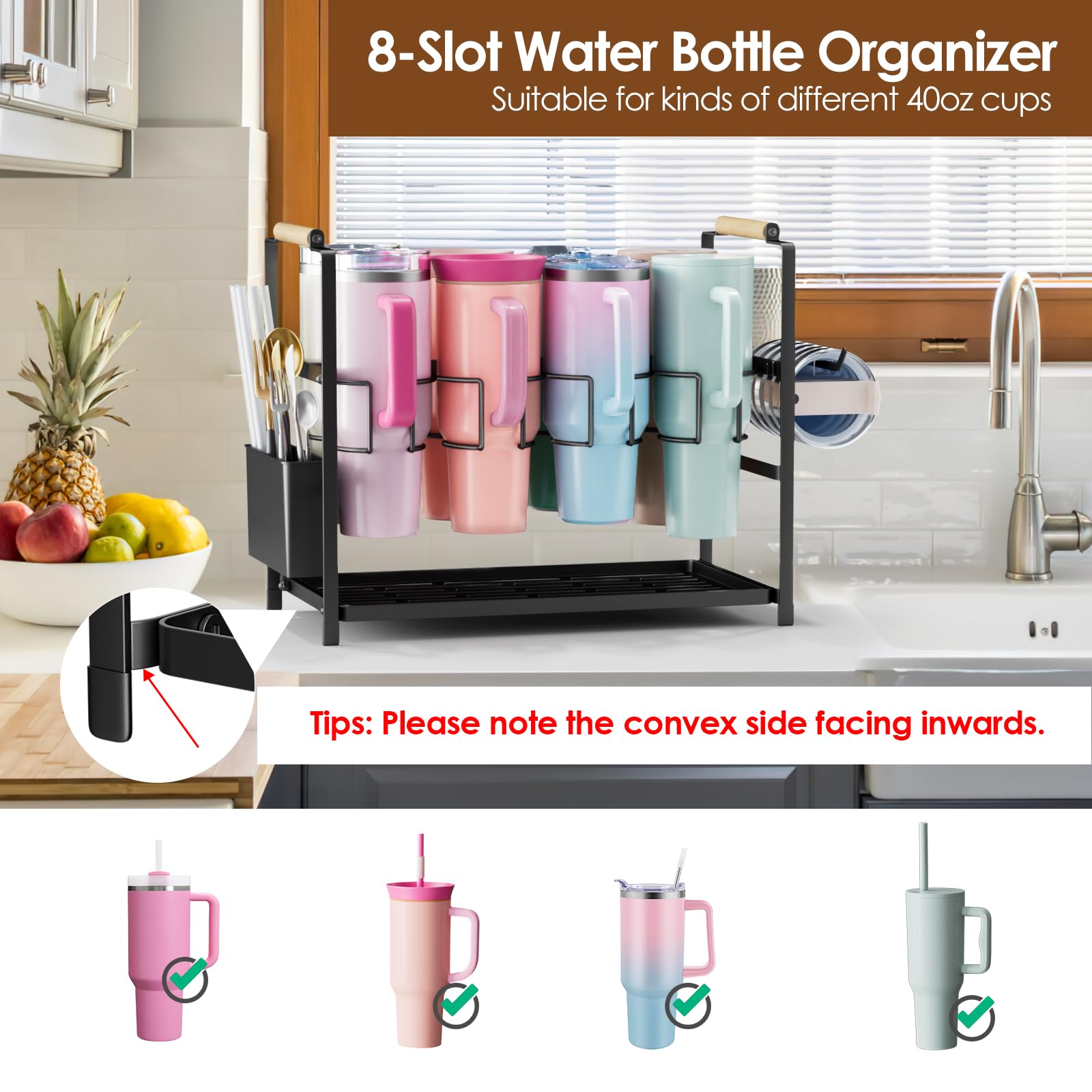 Housolution 40 oz tumbler drying rack drains water after washing to reduce mess.