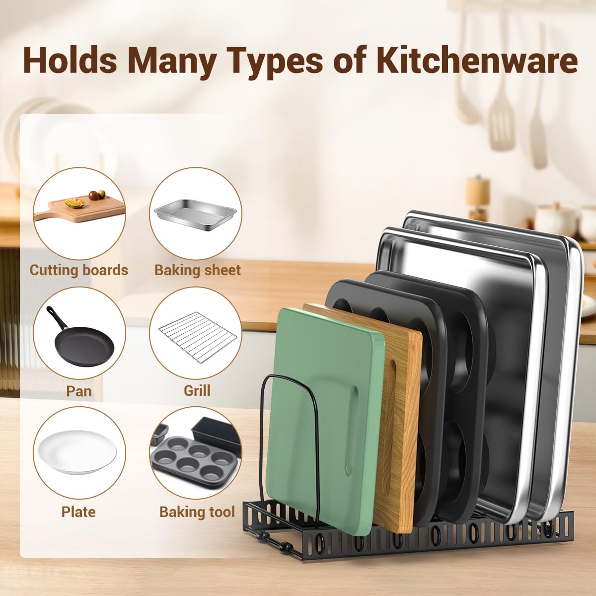 Housolution baking tray storage keeps sheets and pans neatly aligned for easy access.
