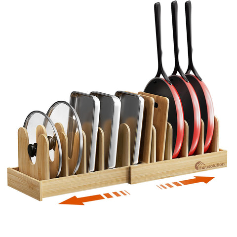 Housolution bamboo pot lid organizer extended in cabinet for easy access.