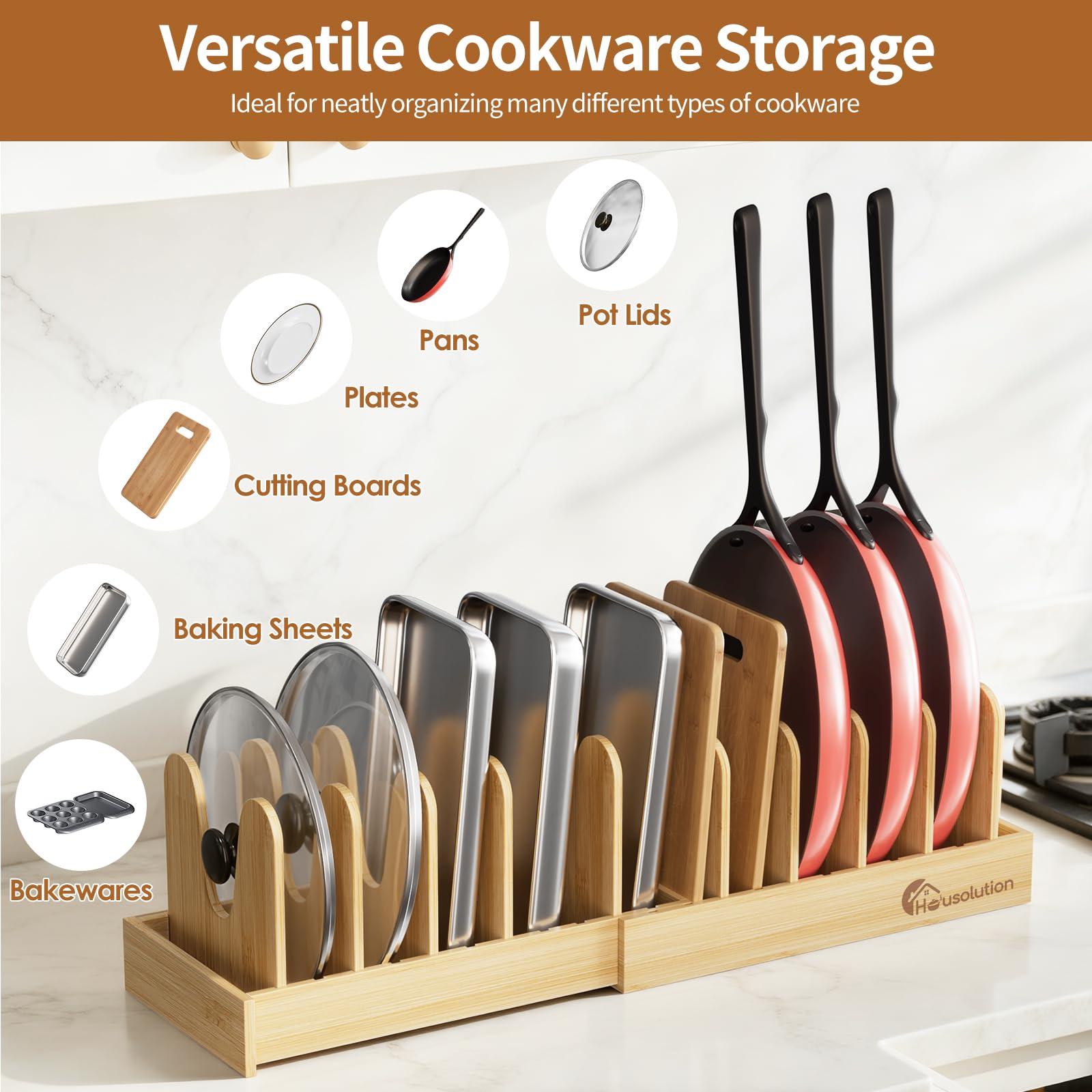 Housolution bamboo pot pan organizer with 10 dividers for customized layout.