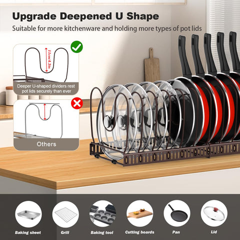 Housolution bronze pot pan rack, side view, ideal for counter or cabinet organization.