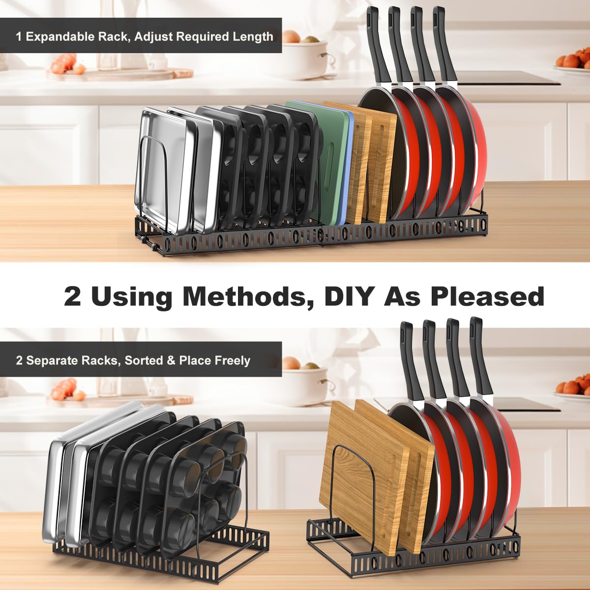 Housolution cookie-sheet-organizer neatly arranges bakeware in a cabinet.