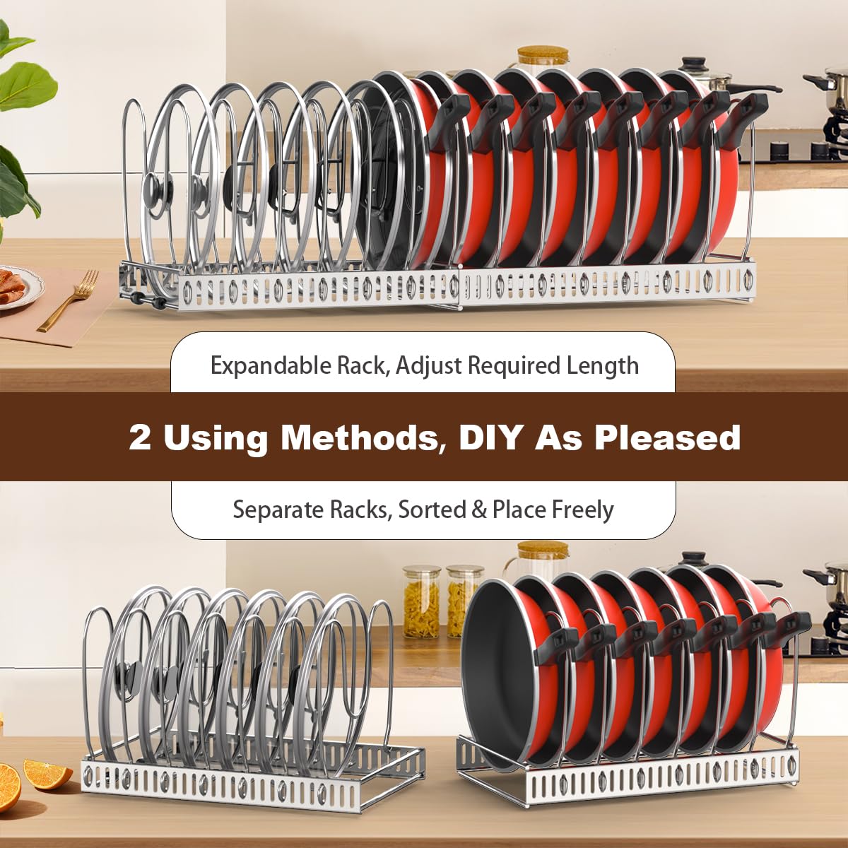 Housolution countertop storage solution keeps pans ready to grab and saves counter clutter