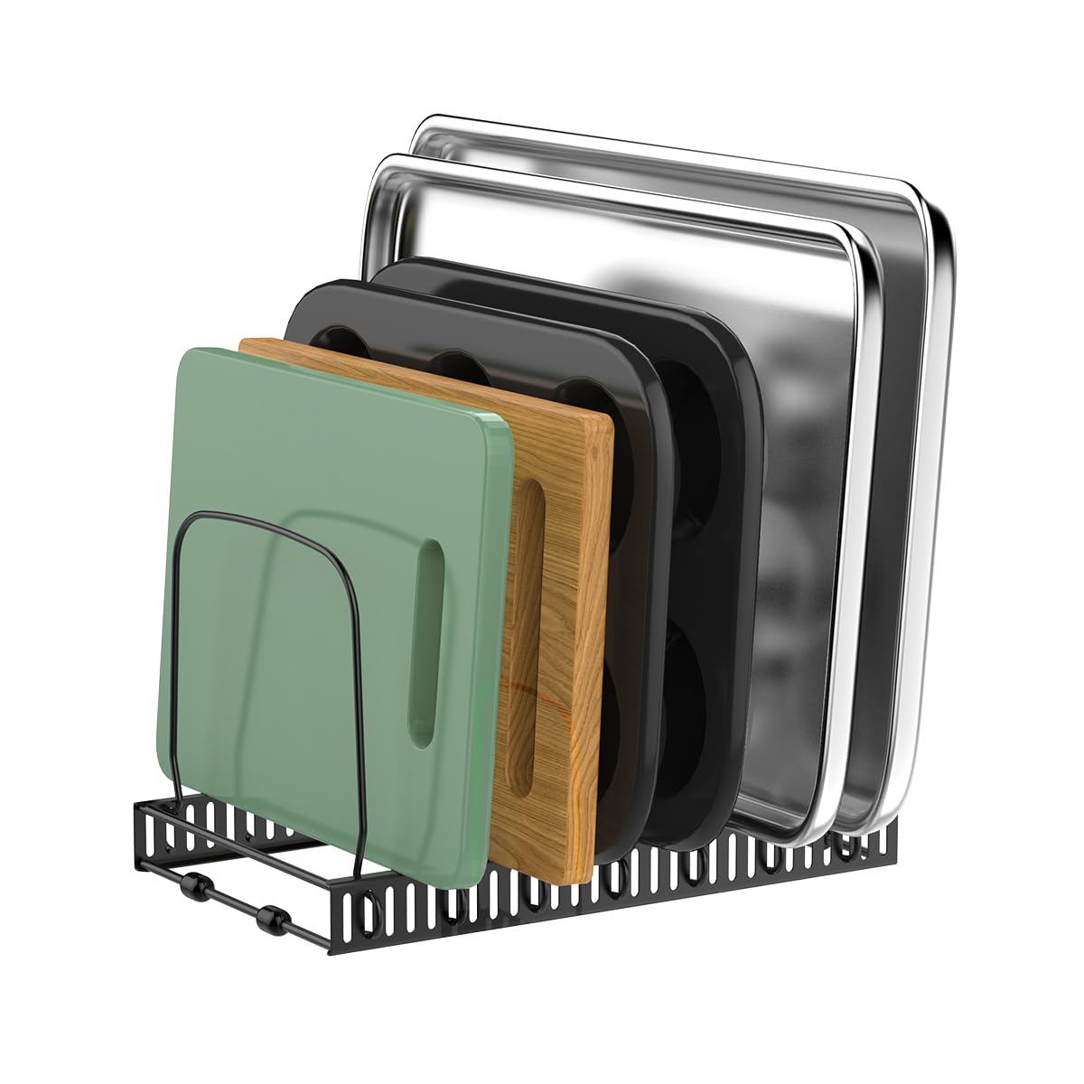 Housolution cutting board organizer rack with adjustable dividers for versatile cookware storage.