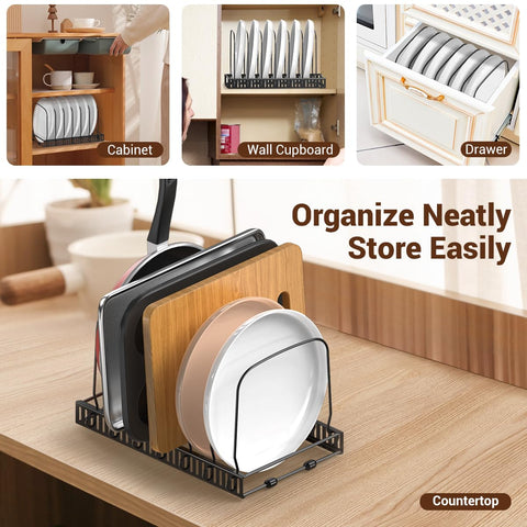 Housolution easy-assembly cabinet organizer quickly creates accessible cookware zones.
