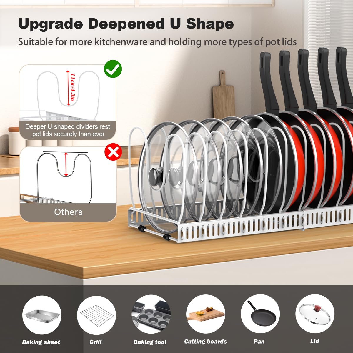 Housolution expandable lid organizer demonstrates 14 adjustable dividers for lids
