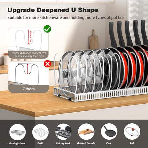 Housolution expandable lid organizer demonstrates 14 adjustable dividers for lids