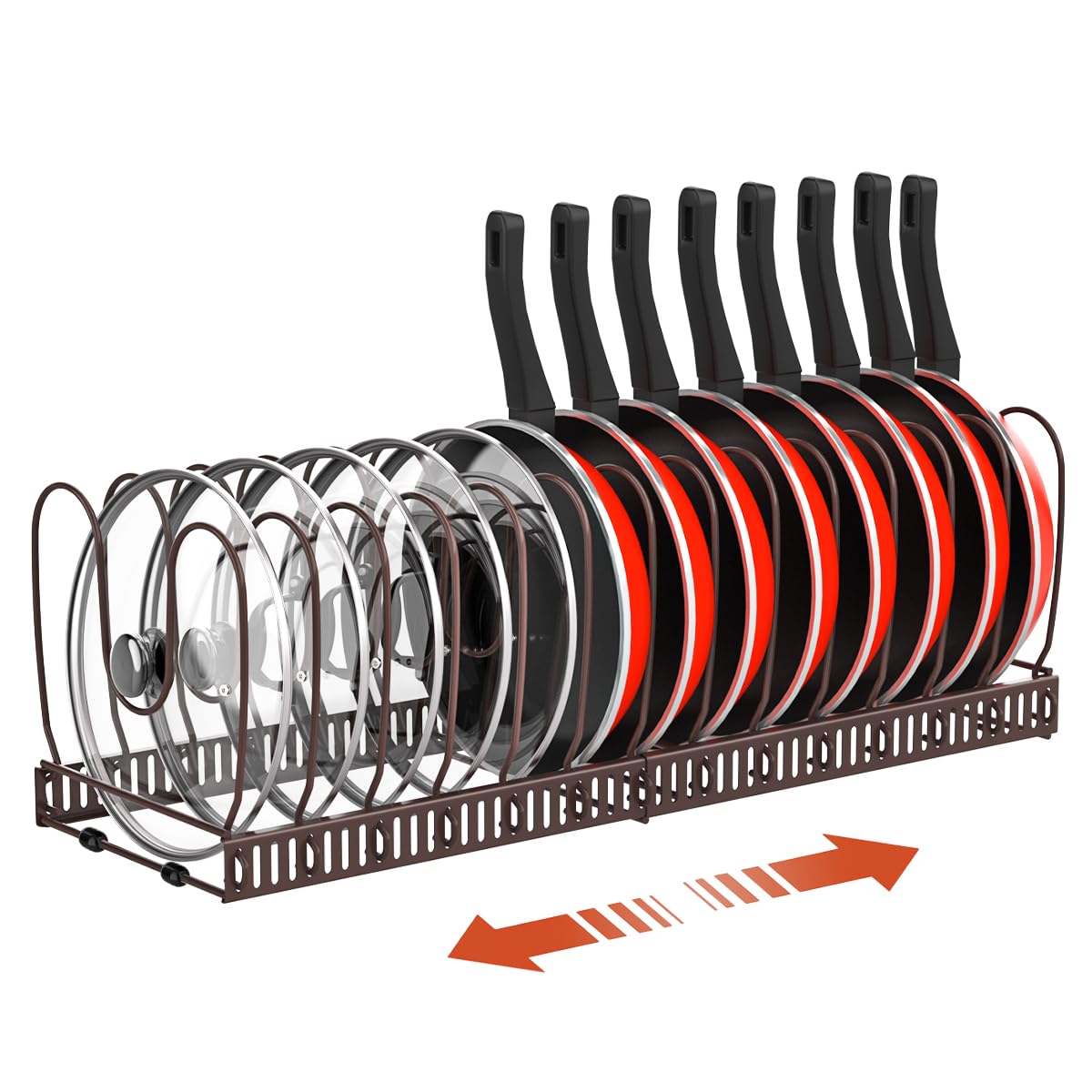 Housolution expandable pot and pan organizer in bronze, front view for versatile cabinet storage.