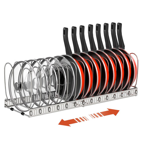 Housolution expandable pot and pan organizer showing adjustable dividers for cabinet storage