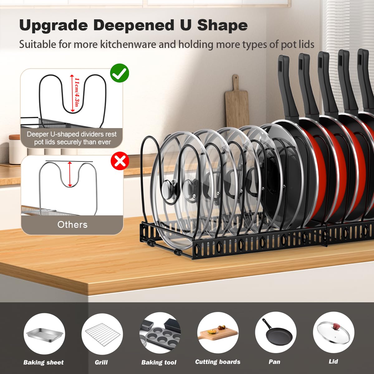 Expandable Rack demonstrates 12 to 23 inch flexibility for cookware