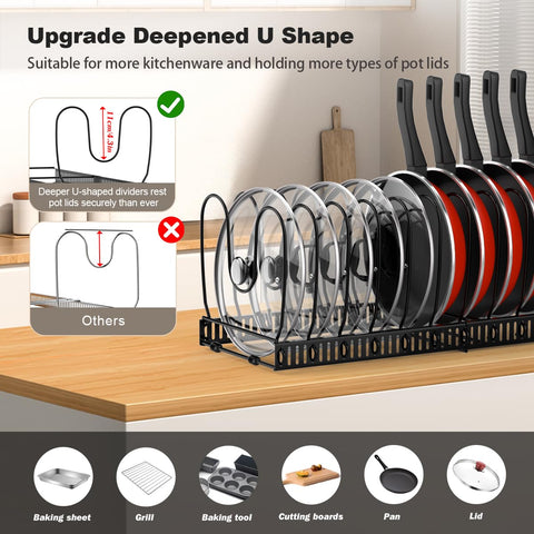 Expandable Rack demonstrates 12 to 23 inch flexibility for cookware