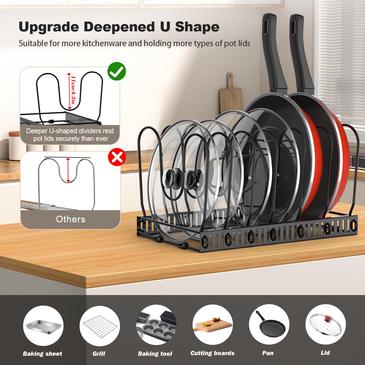 Housolution pot and pan rack with adjustable dividers for easy access.