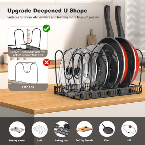 Housolution pot and pan rack with adjustable dividers for easy access.