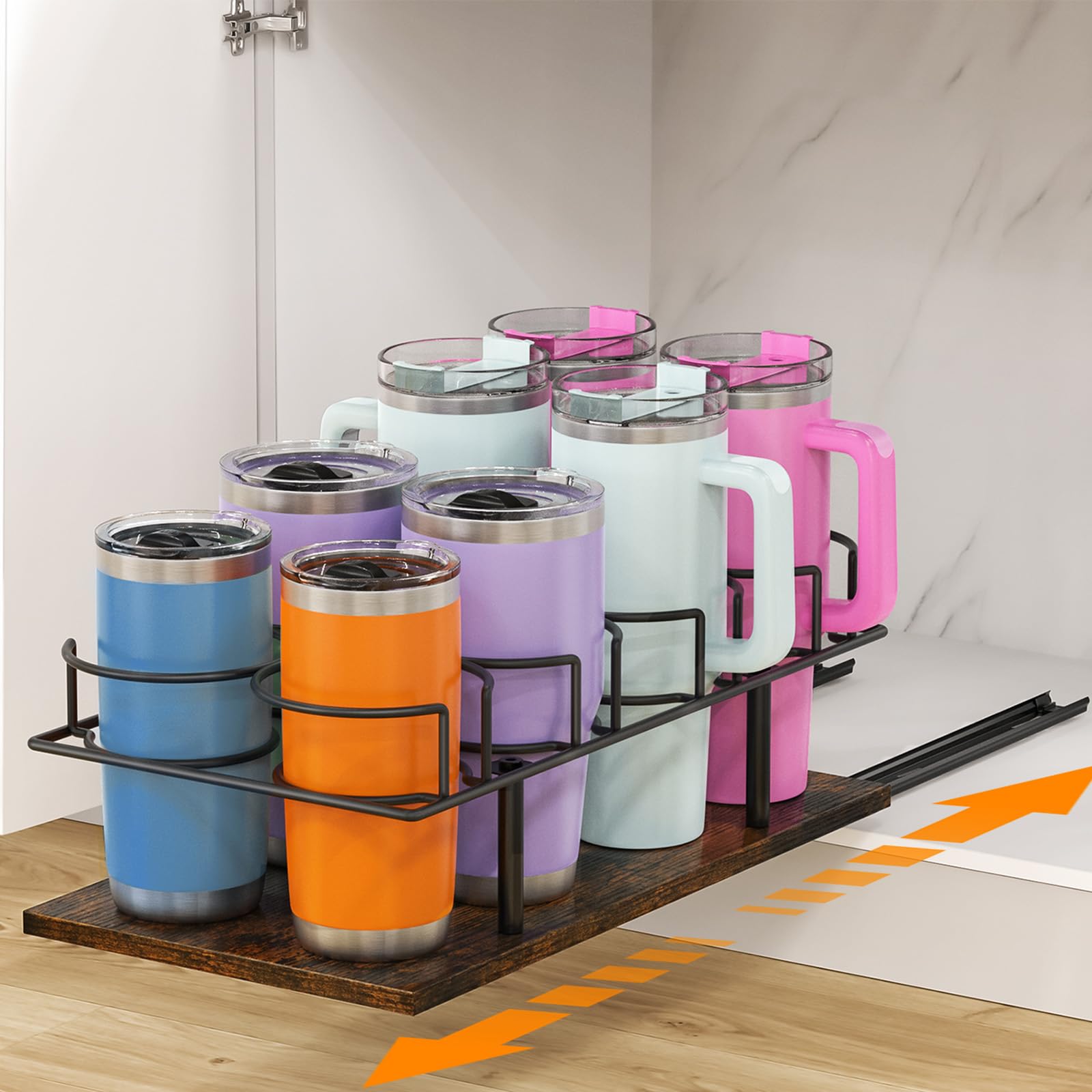 Housolution pull-out cup organizer in a cabinet offering easy access to 10–40 oz bottles.