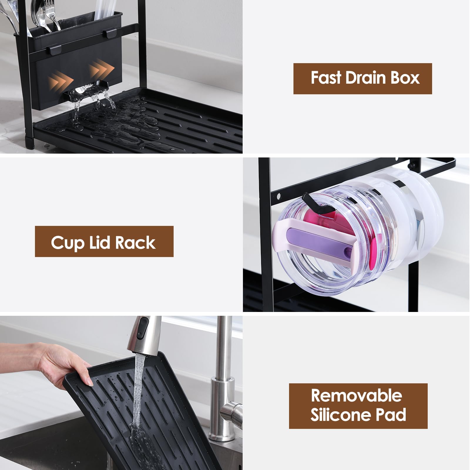 Housolution side drying rack stores lids and straws in one convenient place.