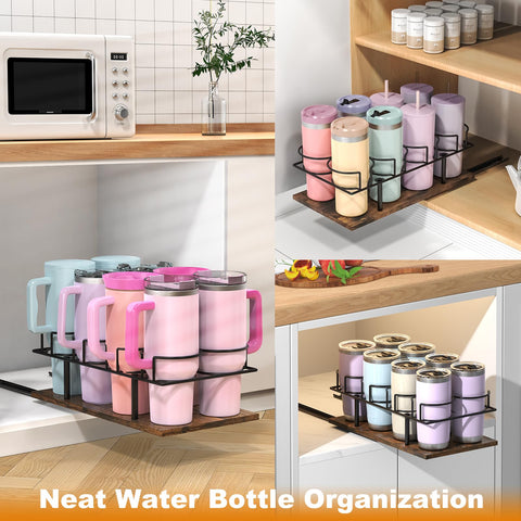 Housolution slide-out tumbler holder shown beside a neatly organized kitchen shelf.