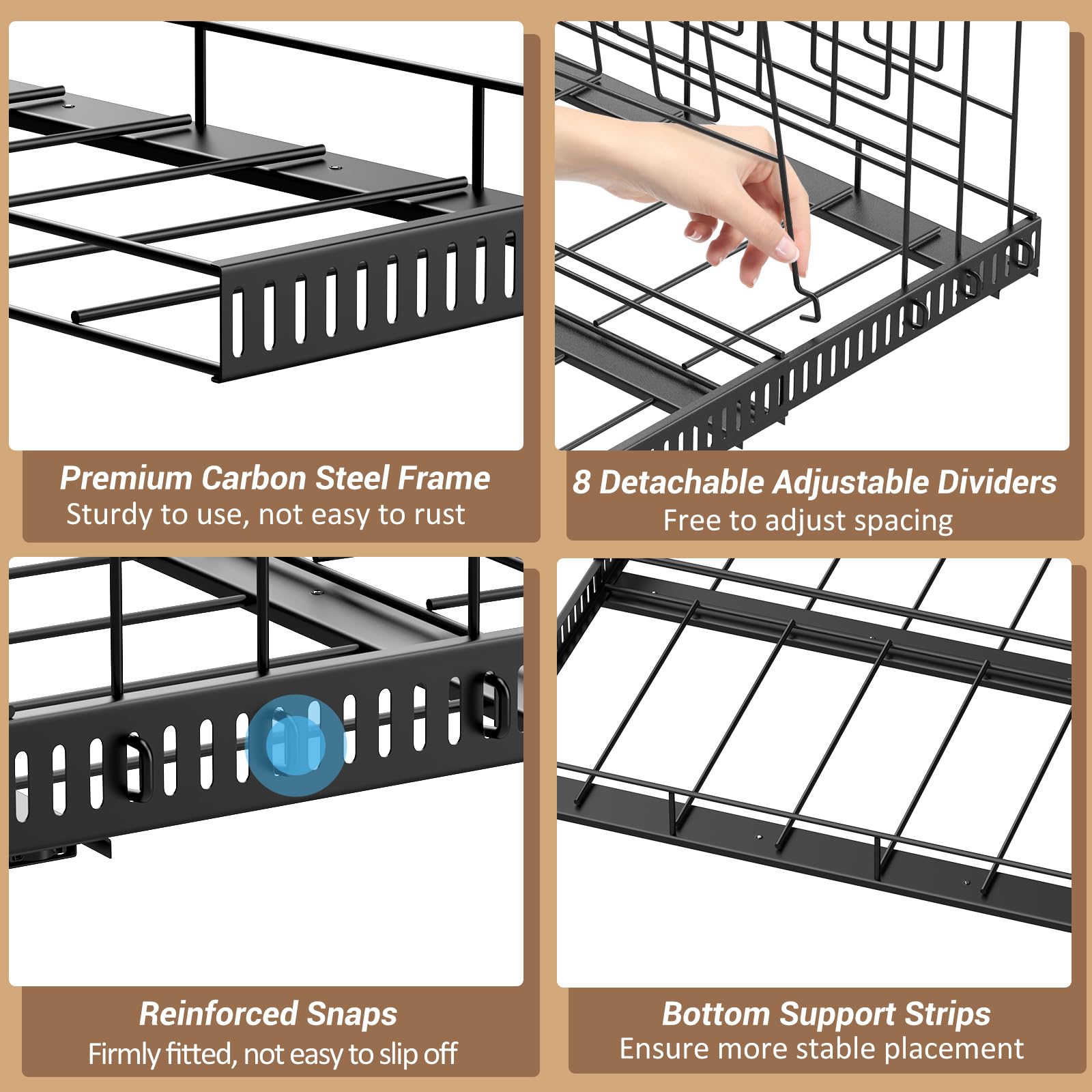 Housolution space-saving kitchen organizer suitable for bakeware, lids, and pans.
