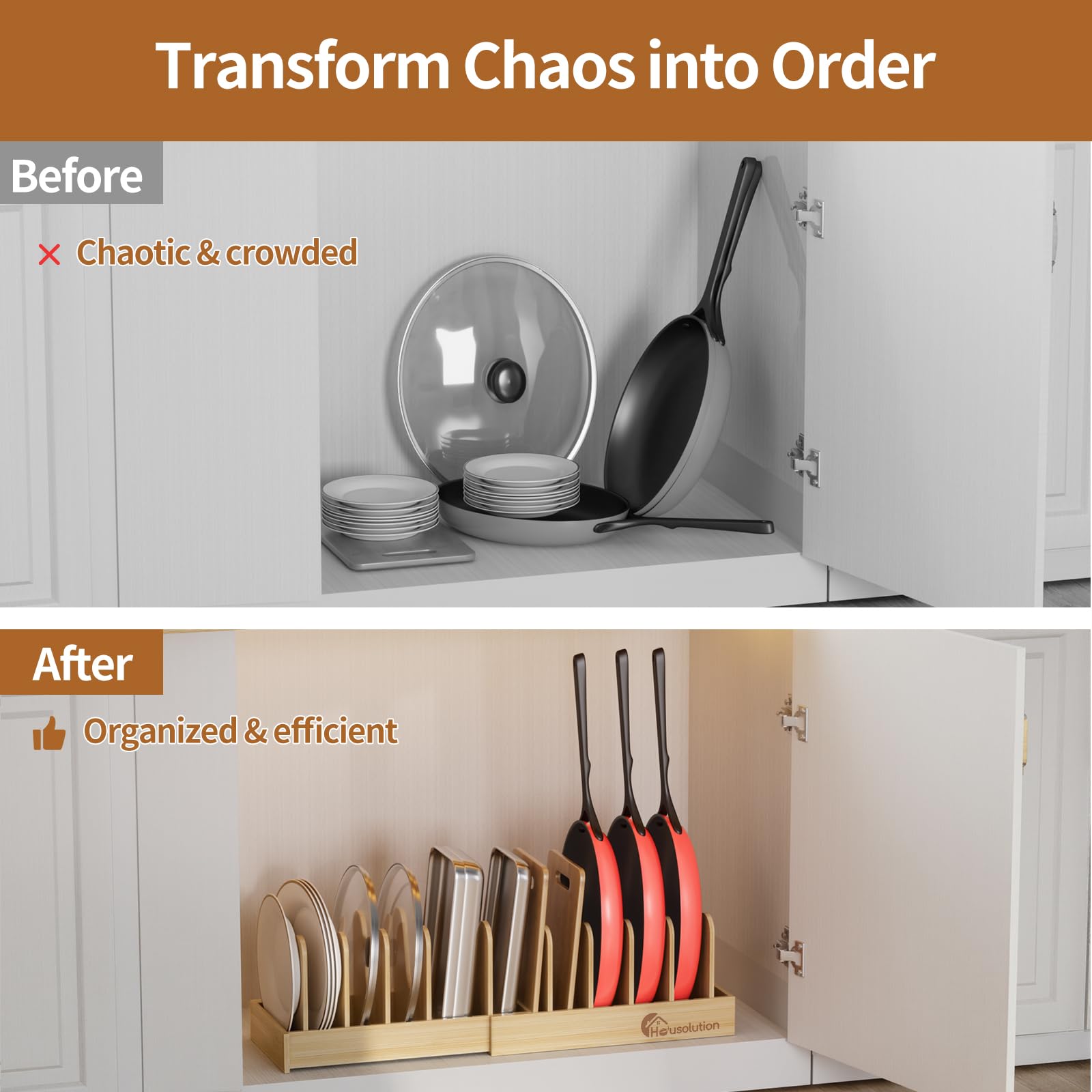 Housolution space saving rack neatly holds lids and pans.