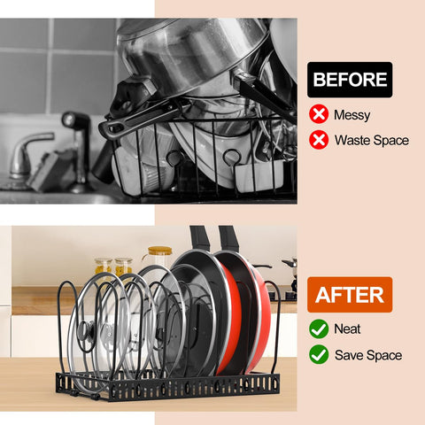 Housolution space-saving kitchen organizer helps keep cookware tidy.