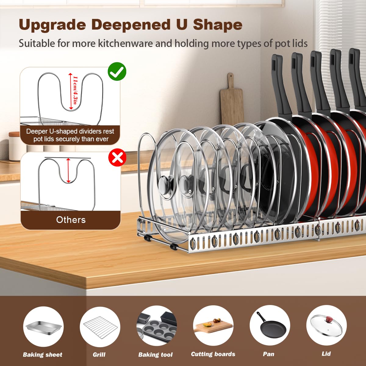 Housolution stainless steel lid rack keeps lids organized and easy to access