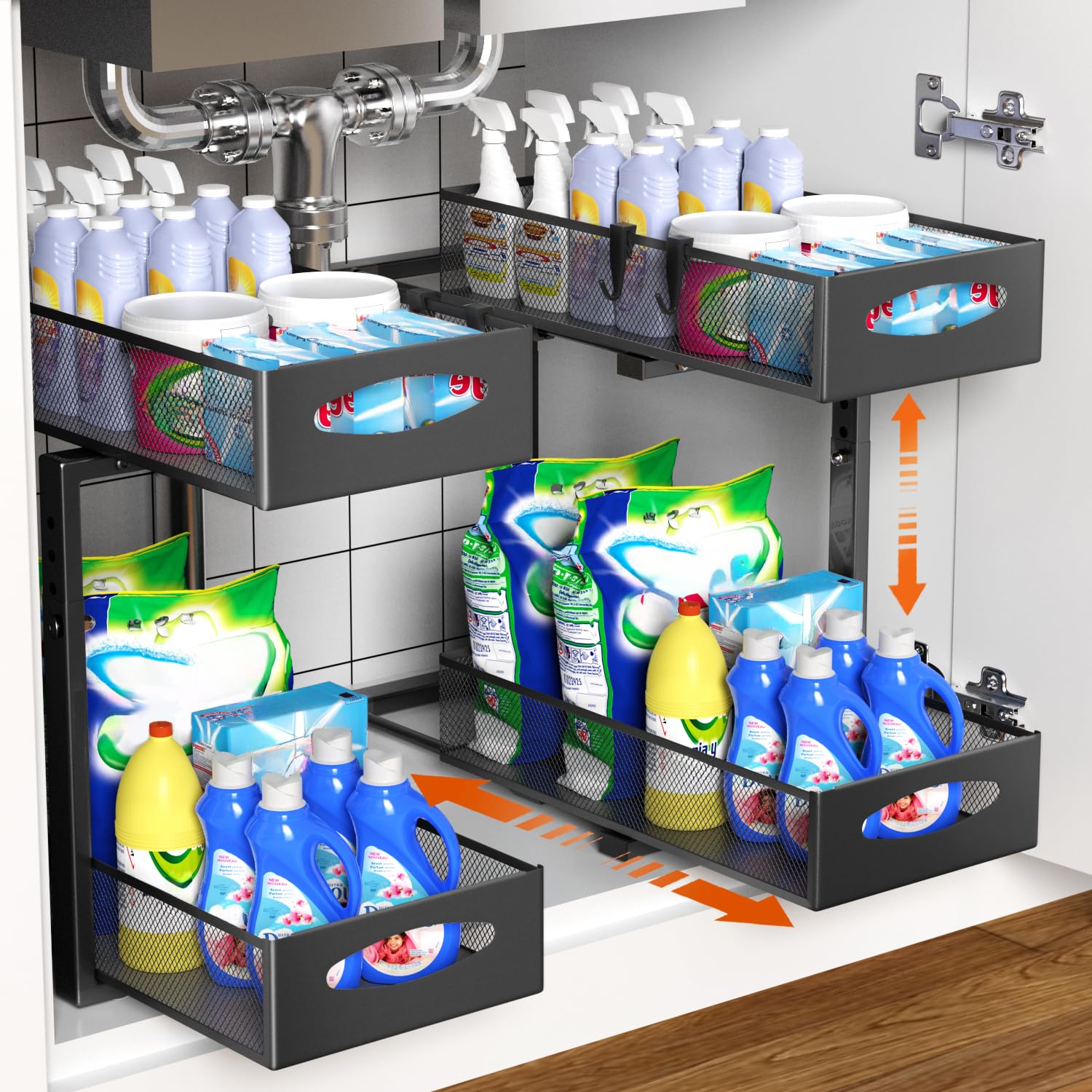 Housolution under-sink organizer with two-tier sliding drawers for easy access