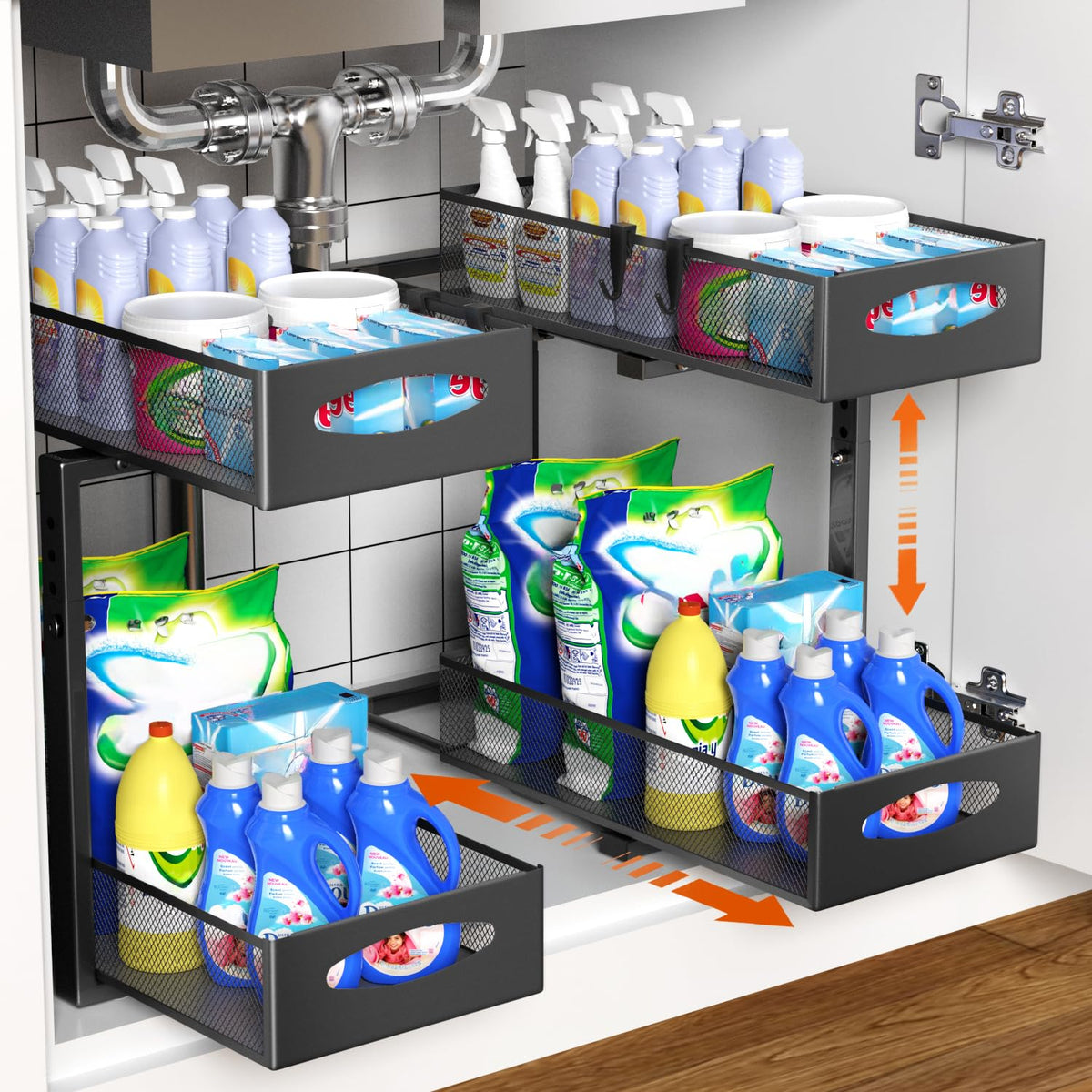 Housolution under-sink organizer with two-tier sliding drawers for easy access