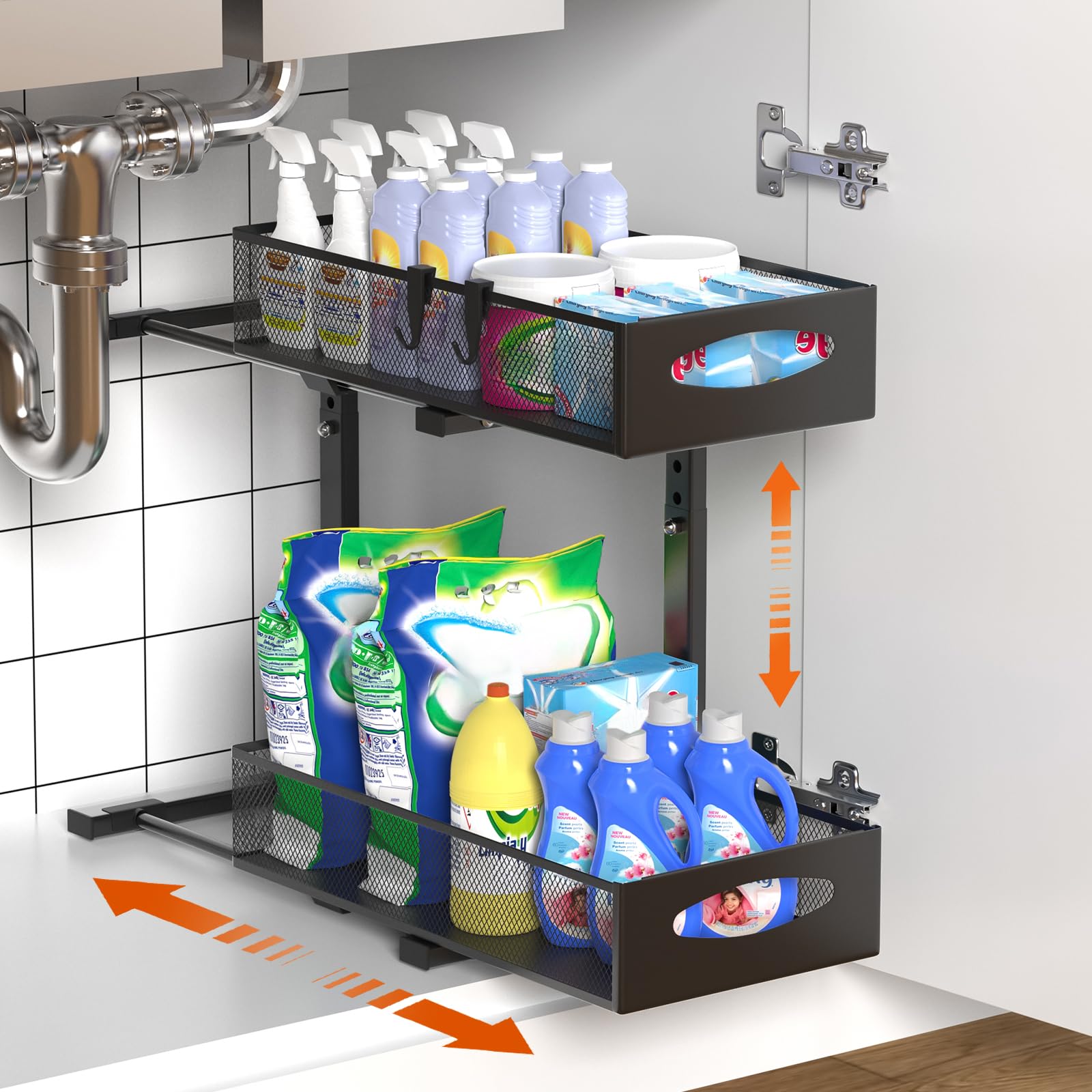 Housolution under-sink organizer with 2-tier mesh drawers for easy access