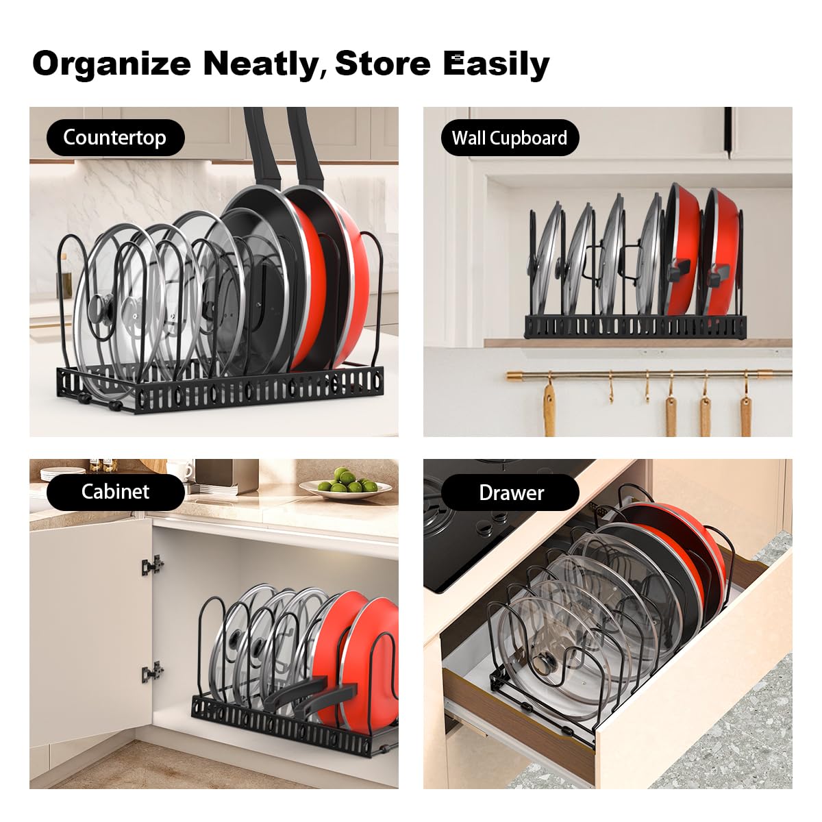 Housolution versatile cookware storage holds pots, pans, lids, and plates.