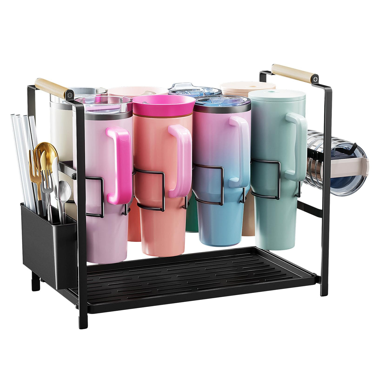 Housolution 8-slot bottle organizer keeps 40 oz cups neatly arranged for easy access.