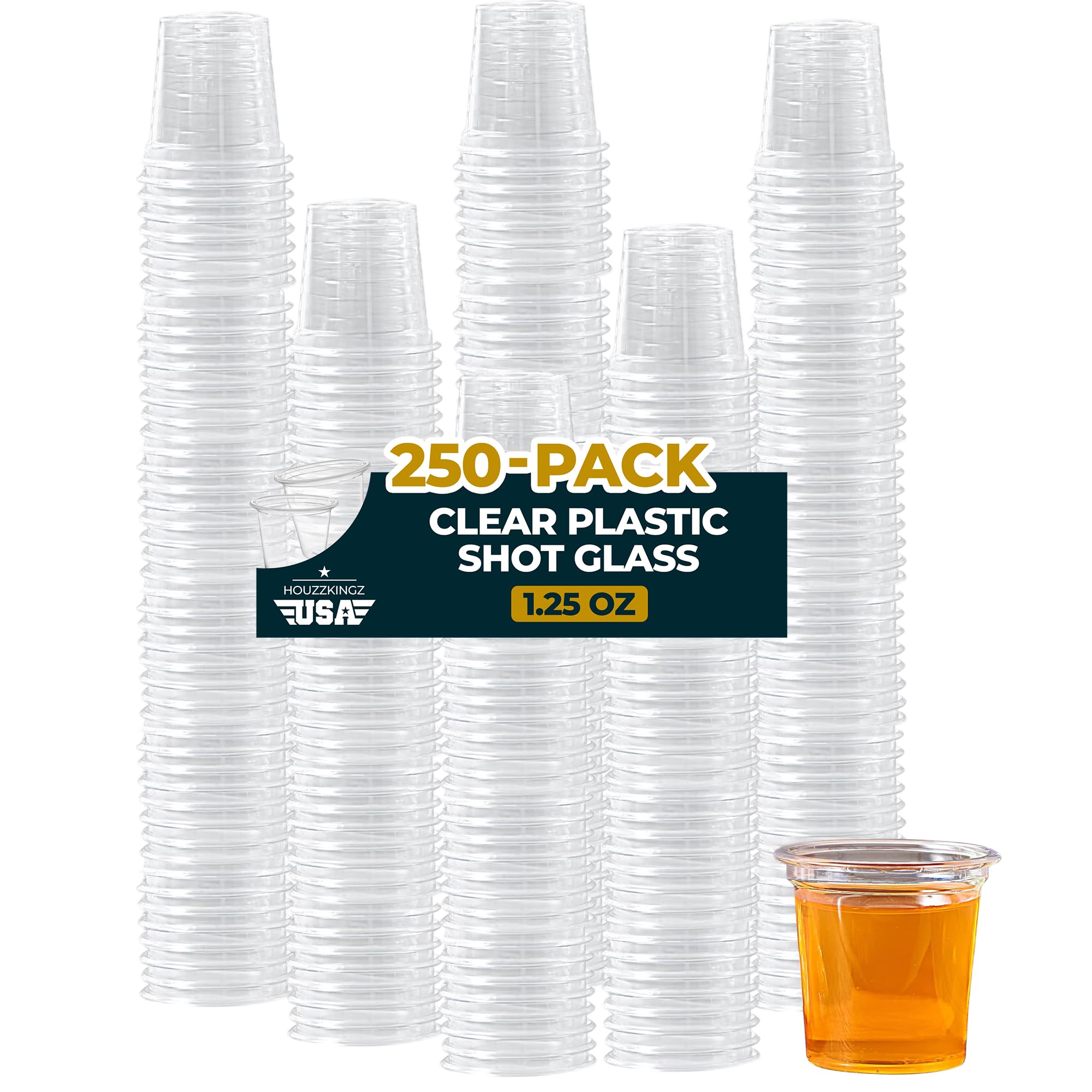 Houzzkingz clear 1.25oz shot glasses stacked for easy crowd-serving