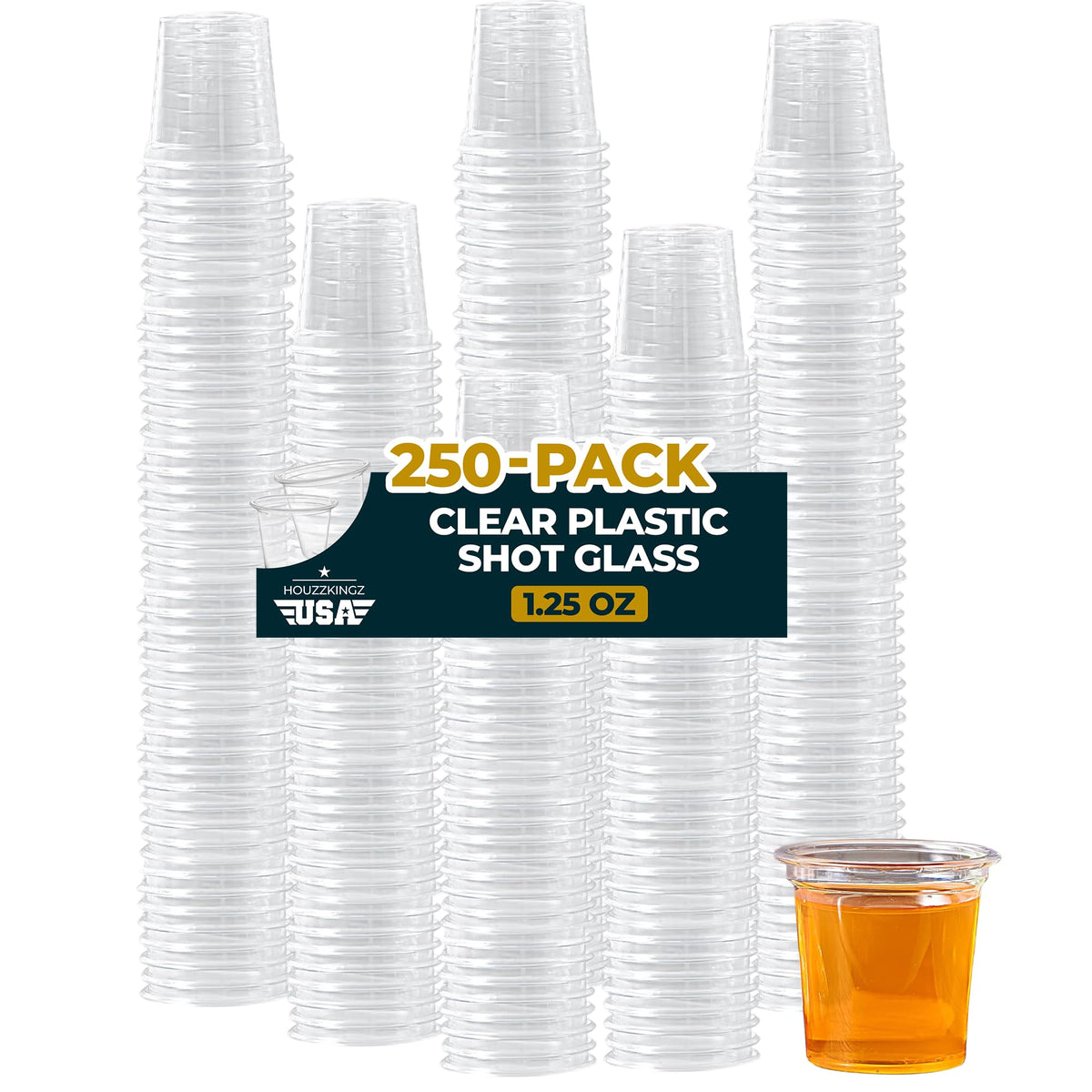 Houzzkingz clear 1.25oz shot glasses stacked for easy crowd-serving
