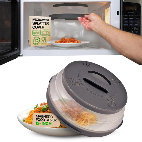Hover Cover showing magnetic ceiling attachment securely stores on the microwave for clutter-free kitchens.