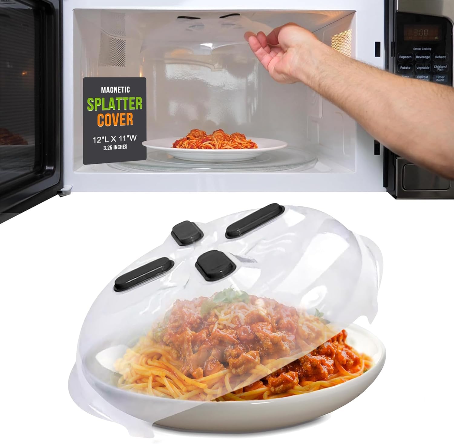 Hover Cover 12in splatter guard protecting surfaces during reheating