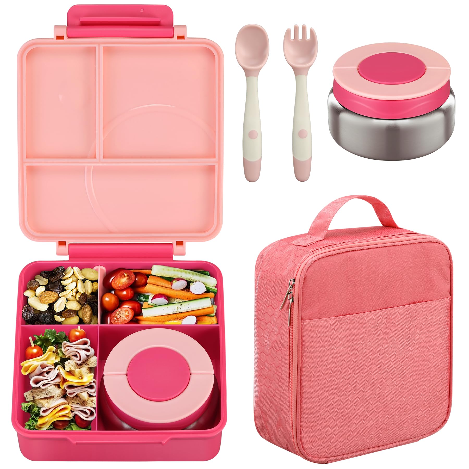 Howeemo bento box for kids in pink with four compartments keeps meals organized.