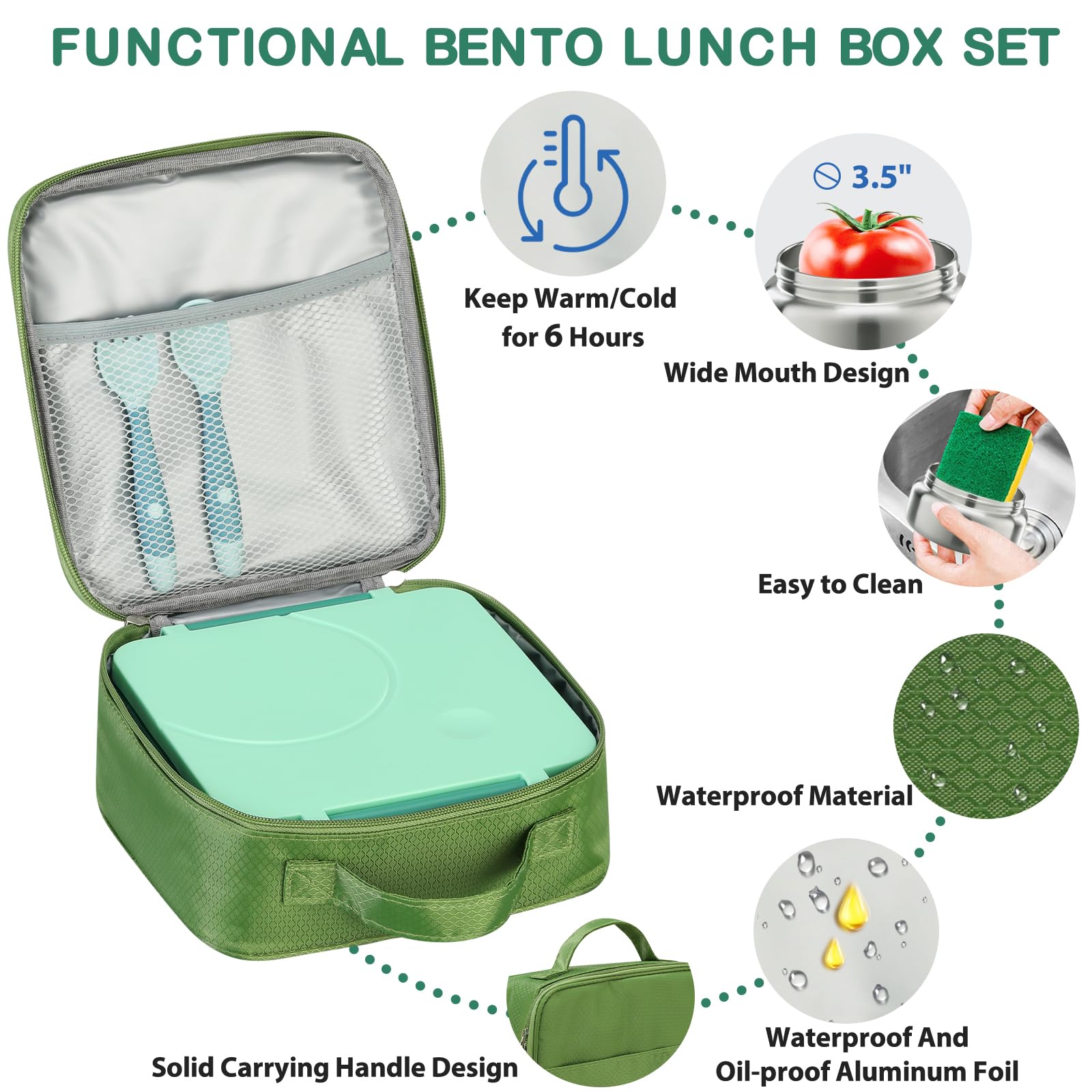 Howeemo green insulated lunch bag protects meals on the go.