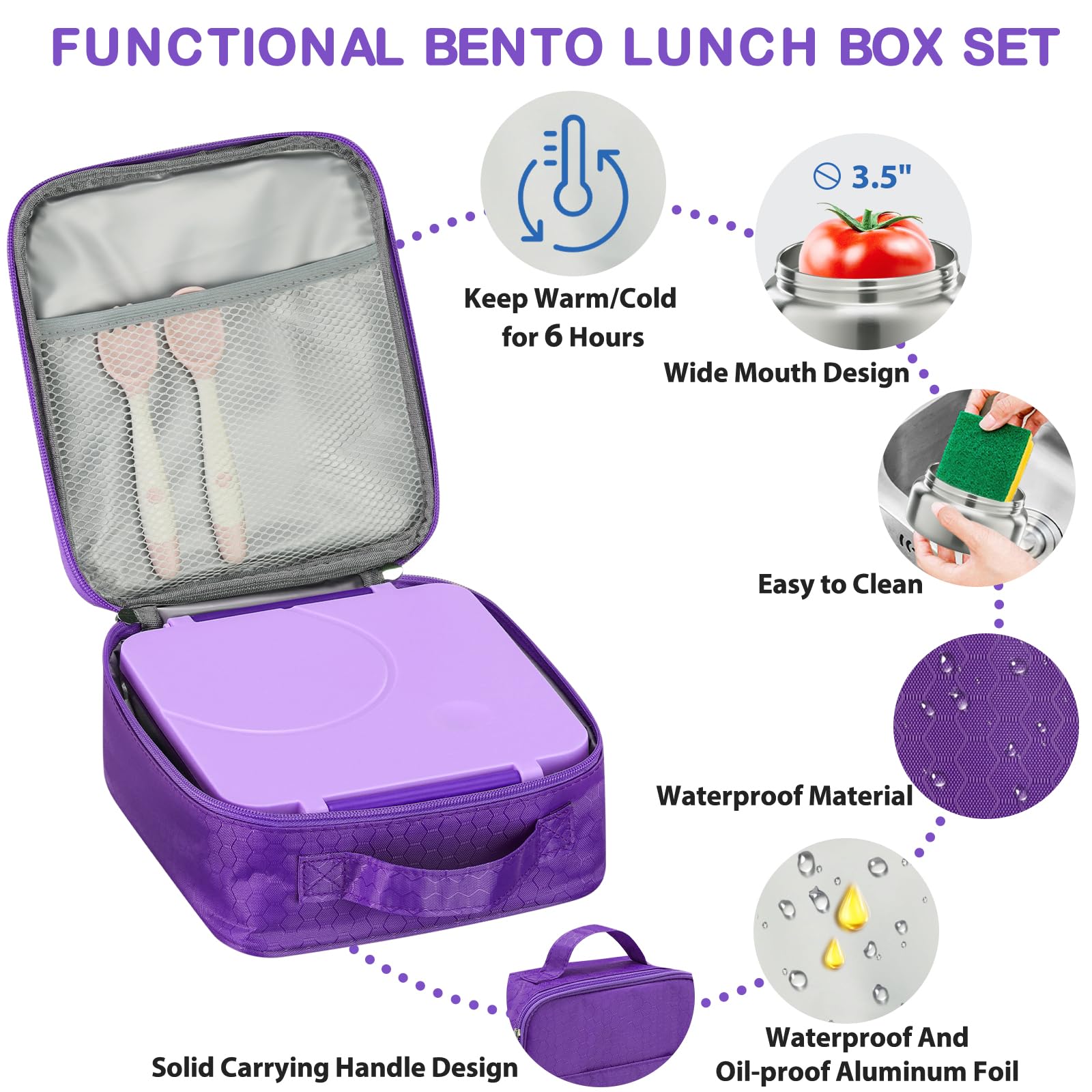 Howeemo purple insulated lunch bag preserves freshness during commutes.