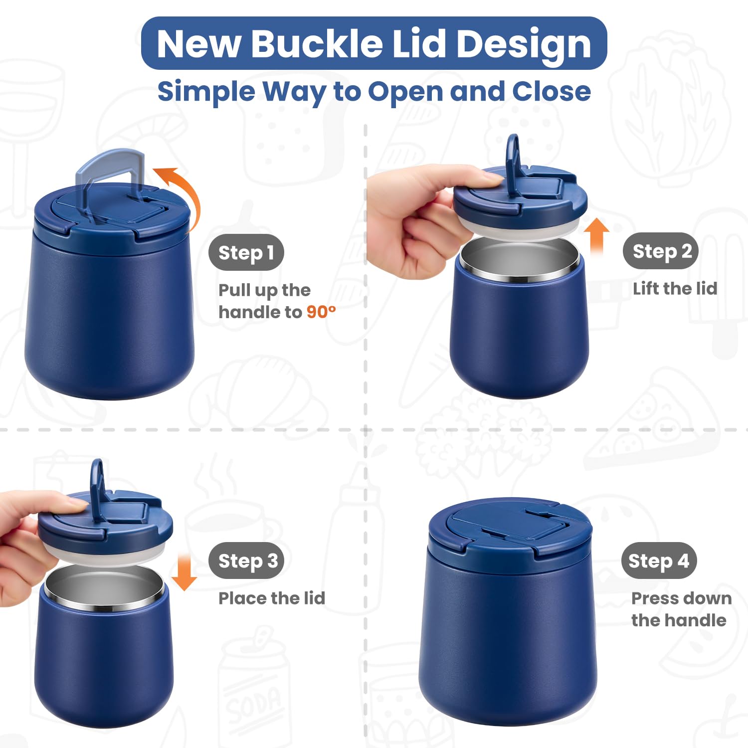 Howeemo kid-friendly buckle lid action makes opening easy for young hands on blue jar.