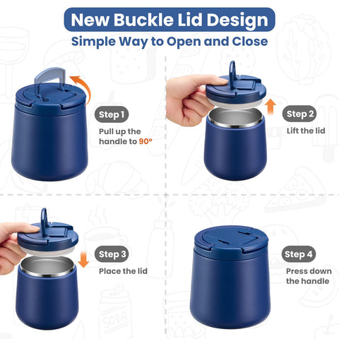 Howeemo kid-friendly buckle lid action makes opening easy for young hands on blue jar.