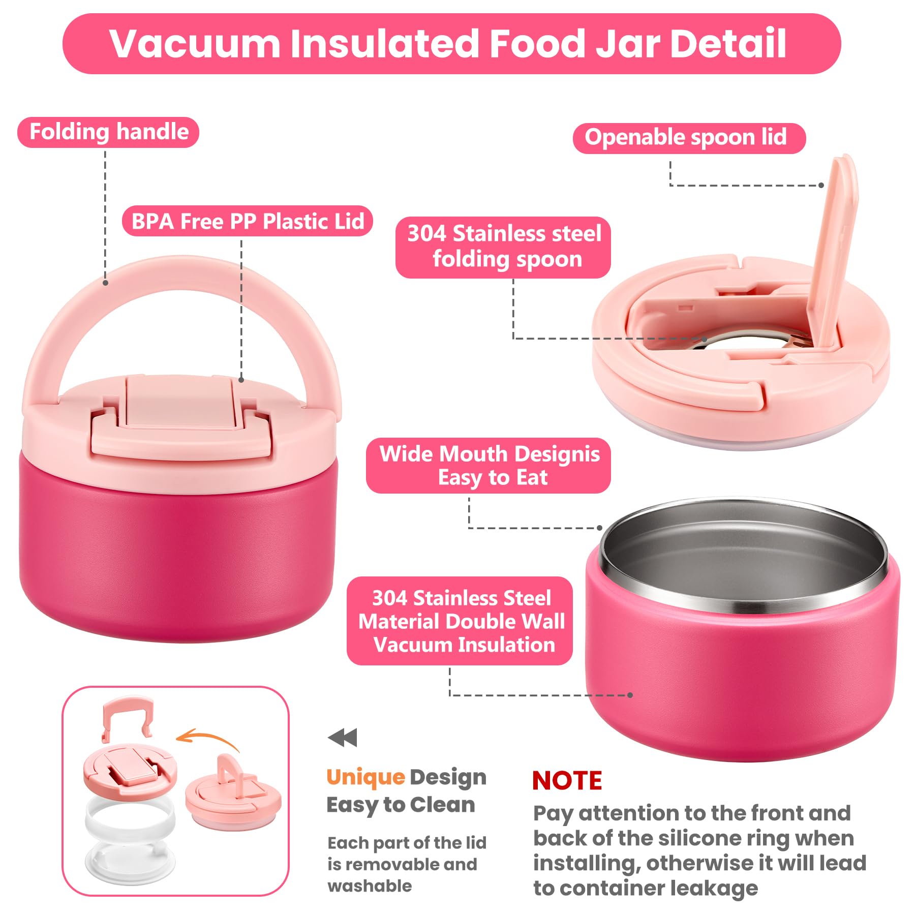 Howeemo kid insulated food jar pink, compact warm meals on the go.