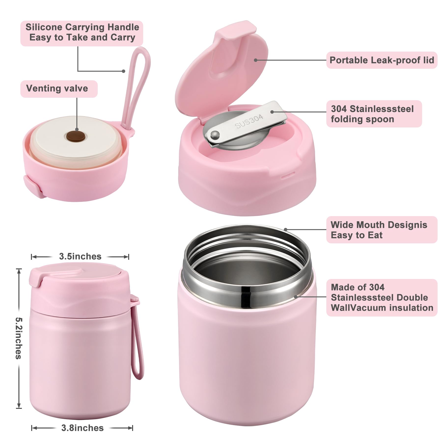Howeemo kids lunch jar pink with spoon included for easy meals