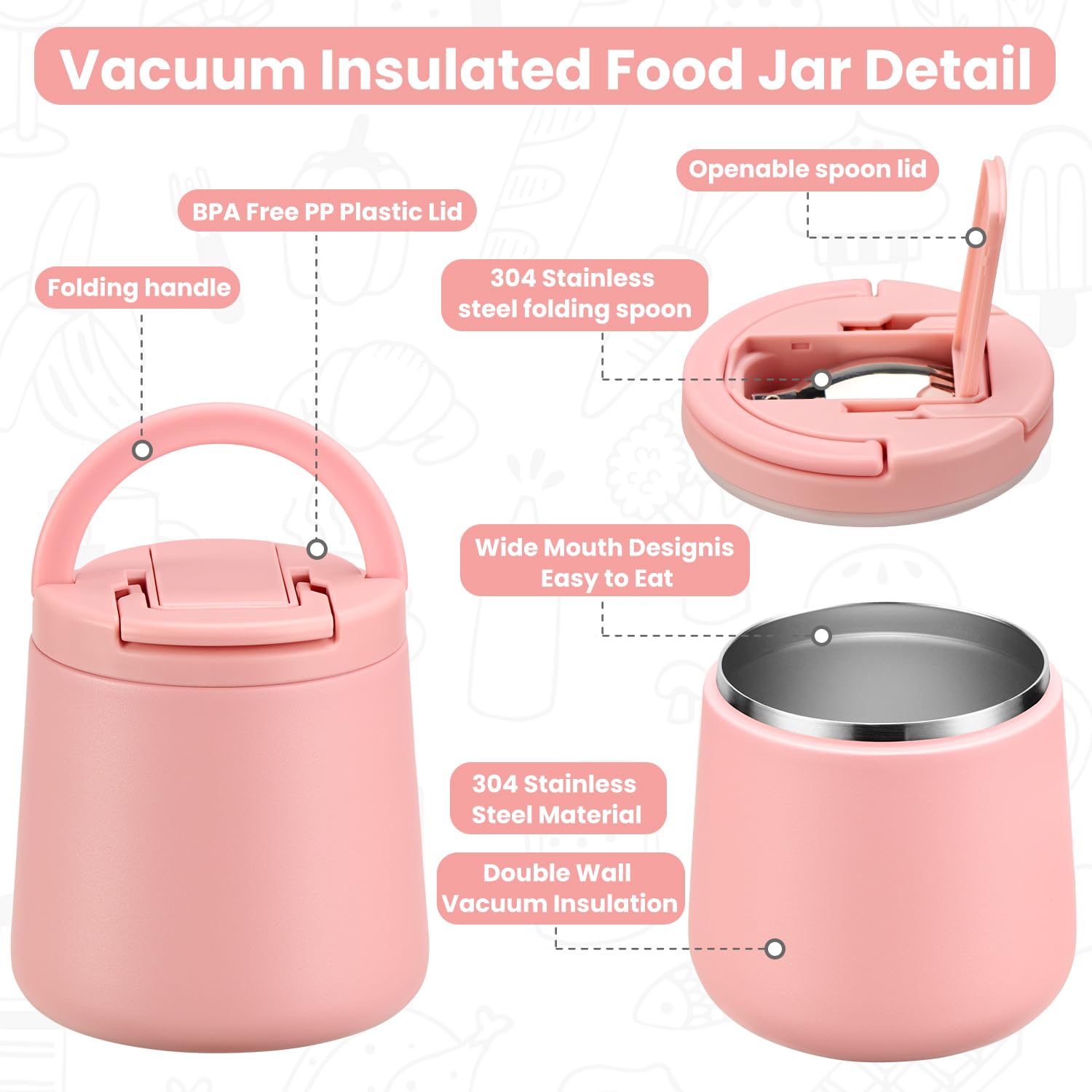 Howeemo soup thermo with wide mouth pink, easy filling and cleaning