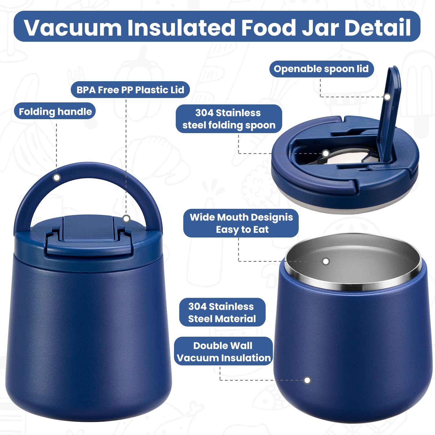 Howeemo stainless steel spoon included for convenient lunches inside the jar.