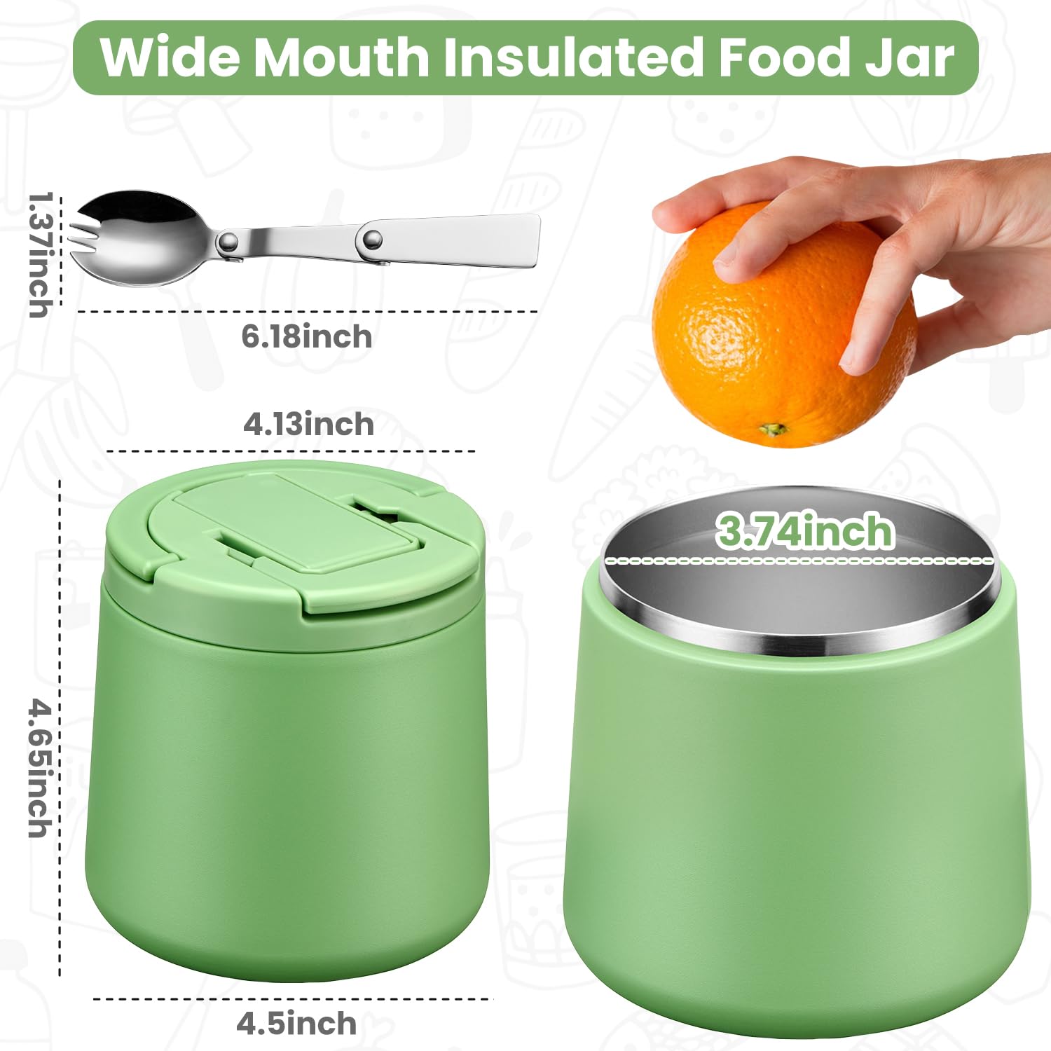 Howeemo vacuum insulation double-wall, green, maintains hot or cold foods for hours.